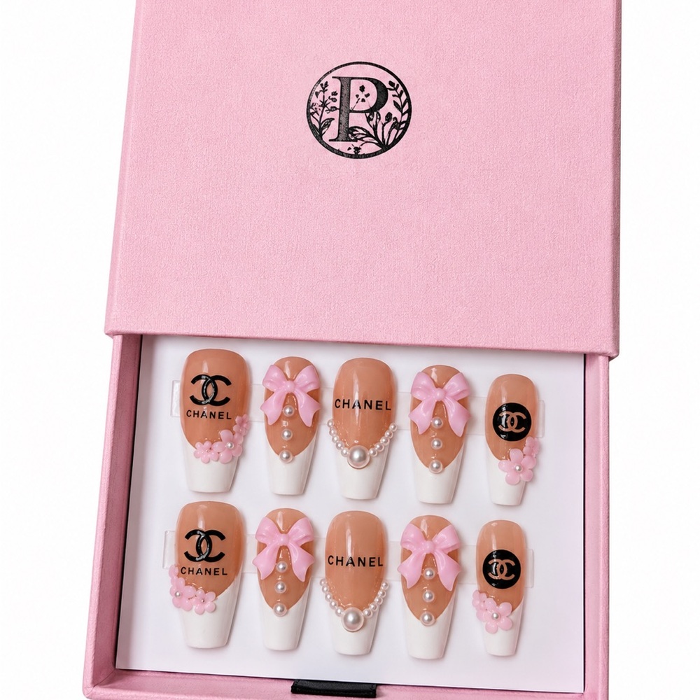 10 PC Hand Crafted Luxury girly Pink Bow nails Pearl Accent